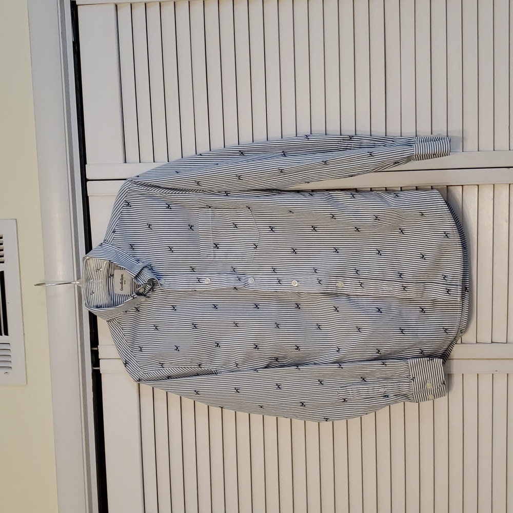 Goodfellow Basin Blue Dog Print Pinstripe Button-down Collar Shirt, Slim Small